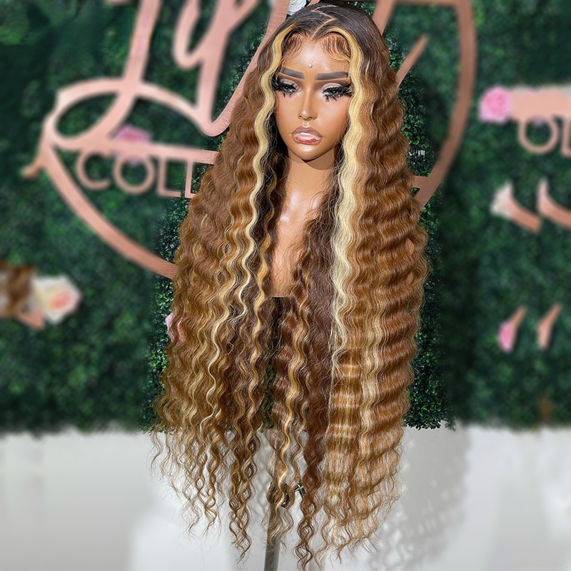 Free shipping Brazilian Glueless Highlight Human Hair Deep Wave Frontal Wig 13x4 Brown Blonde Colored Lace Front Wigs Synthetic 250 Density