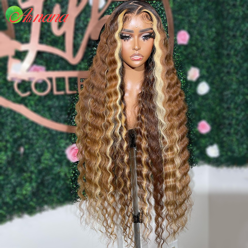 Free shipping Brazilian Glueless Highlight Human Hair Deep Wave Frontal Wig 13x4 Brown Blonde Colored Lace Front Wigs Synthetic 250 Density