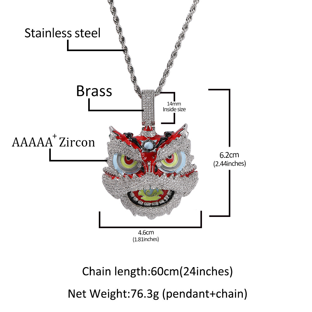 Hip Hop Retro Colorful Lion Pendant Necklace Cool Men Gift Full Zircon 18k Real Gold Plated Jewelry
