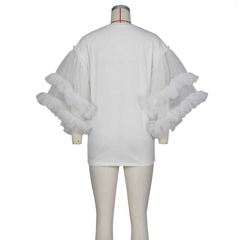 Casual Dresses Perl Women Mesh Ruffles Flare Long Sleeve Patchwork O-neck T-shirt Style Dress 2023 Street Fashion Vestidos Evening