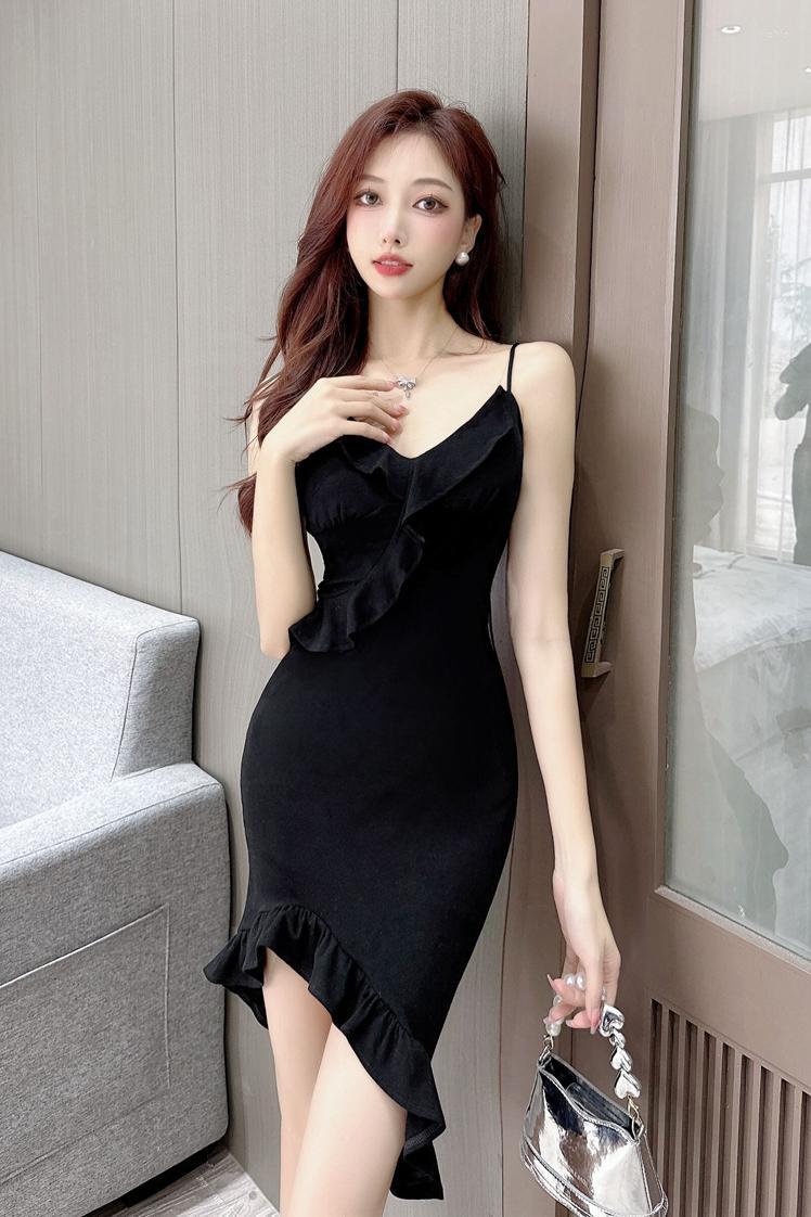 Casual Dresses Summer V-Neck Ruffles Camis Evening Club Party Mini Dress Girls Elegant Slim Irregular Hem For Women