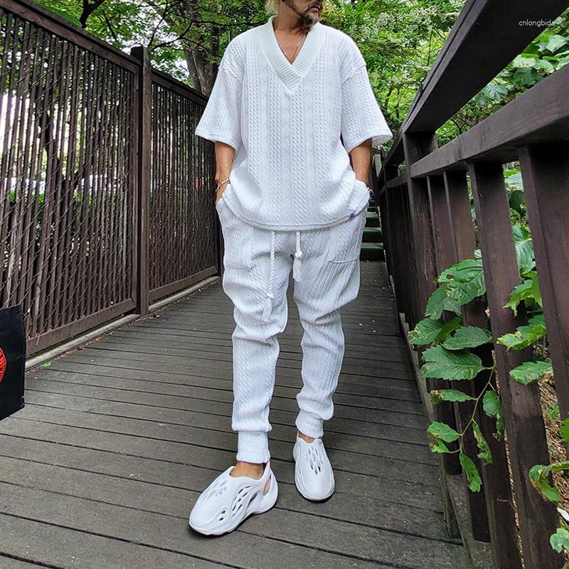 Men's Tracksuits Casual Short Sleeve V Neck Sweater Top Pocket Pants Clothing Suit Y2K INS Clothes Summer Autumn Two Piece Set For Men