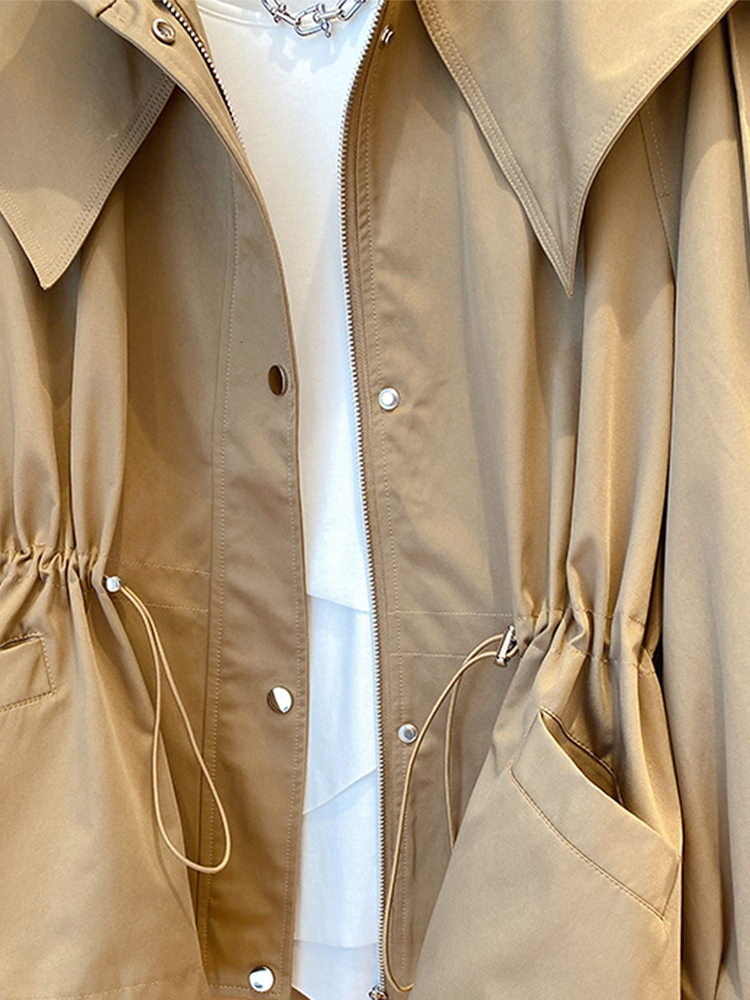 Women's Trench Coats Lautaro Spring Autumn Oversized Casual Waterproof Khaki Windbreaker Women with Long Sleeve Hood Drawstring Zipper Cargo Jack
