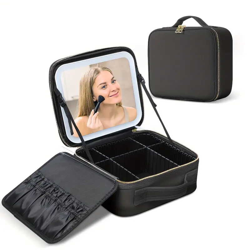 Makeup Travel Train Case With Mirror LED Light 3 Color Adjustable Brightness Cosmetic Bag Portable Storage Adjustable Partition Waterproof Makeup Brus