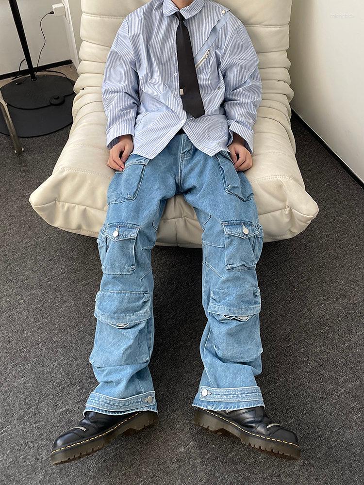 Men's Jeans Y2K Style Multi-pocket Tooling Cargo American Retro Street Harajuku Trousers Washed Mopping Pants Youth Clothing