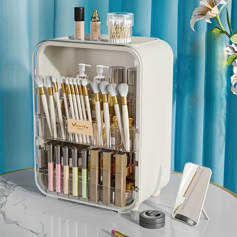 1pc Dustproof Cosmetic Storage Box - Large Capacity Makeup Brush and Skincare Products Organizer with Desktop Display