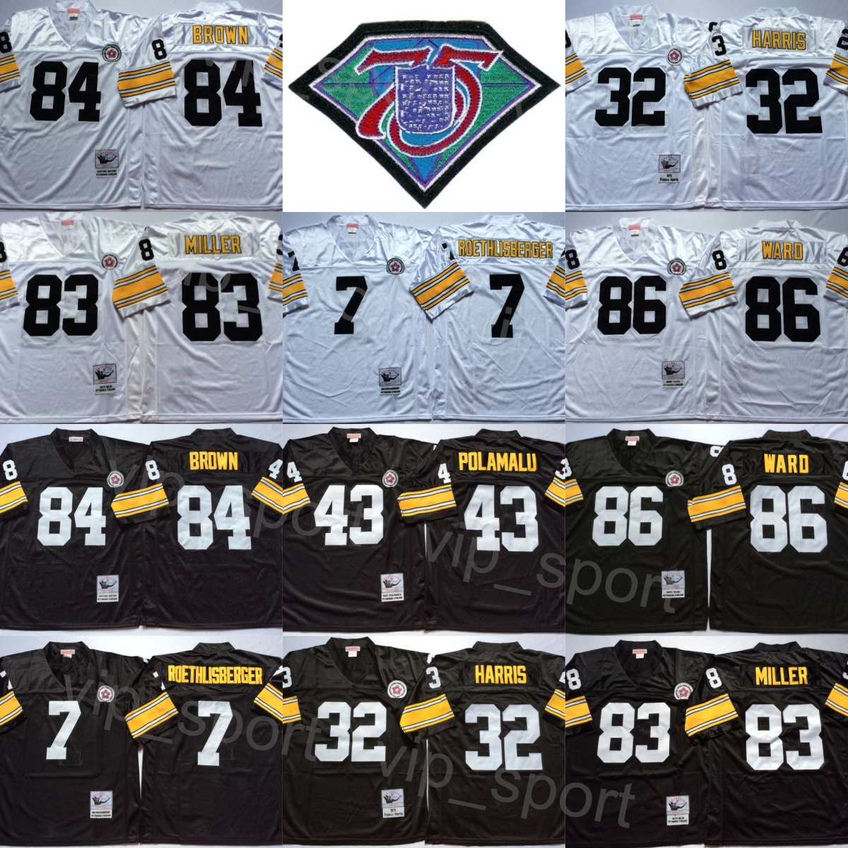 Vintage 1975 Football 43 Troy Polamalu Jerseys 83 Heath Miller 84 Antonio Brown 86 Hines Ward 32 Franco Harris 7 Ben Roethlisberger Team Color Black White 75th