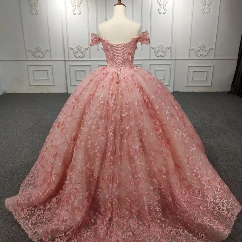Pink Off The Shoulder Ball Gown Quinceanera Dresses Applique Lace Beads Tull Vestidos De 15 Anos Princess Party Birthday Gowns Sweet 16 Dress