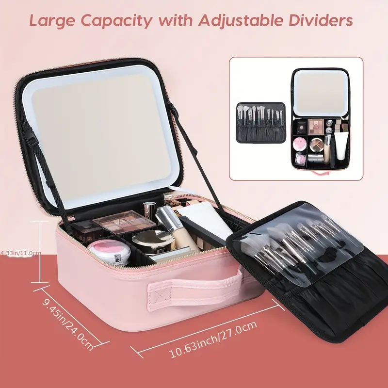Lighted Makeup Travel Train Case With Mirror LED Light 3 Adjustable Brightness Cosmetic Bag Portable Storage Adjustable Partition Waterproof Toiletry 
