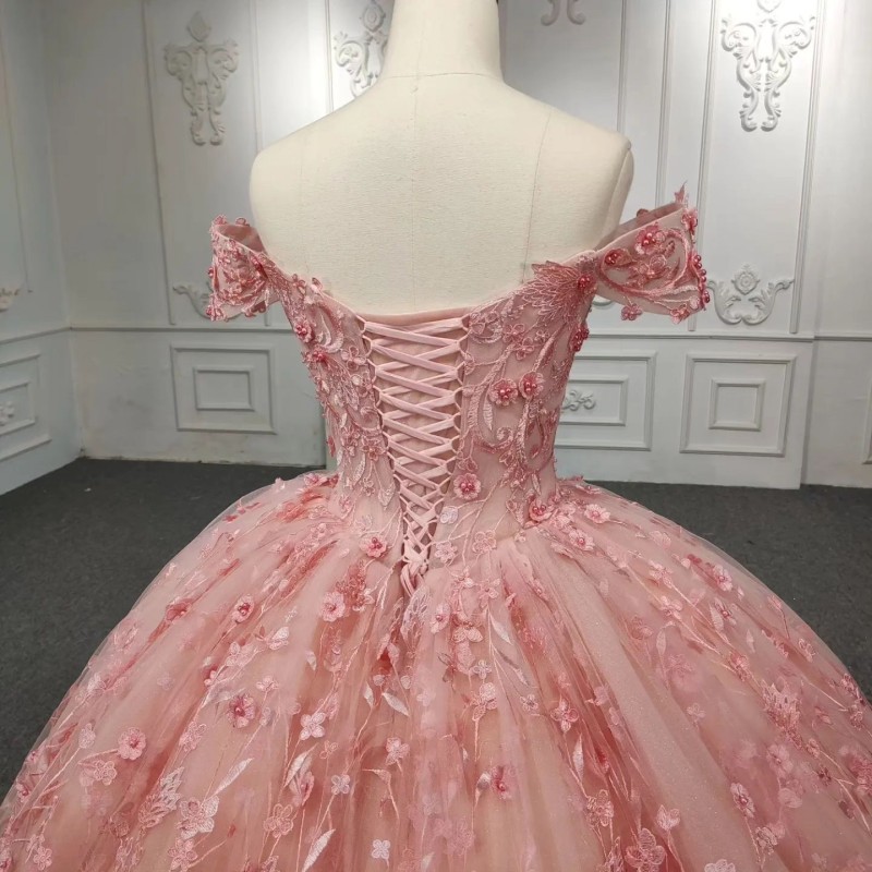 Pink Off The Shoulder Ball Gown Quinceanera Dresses Applique Lace Beads Tull Vestidos De 15 Anos Princess Party Birthday Gowns Sweet 16 Dress