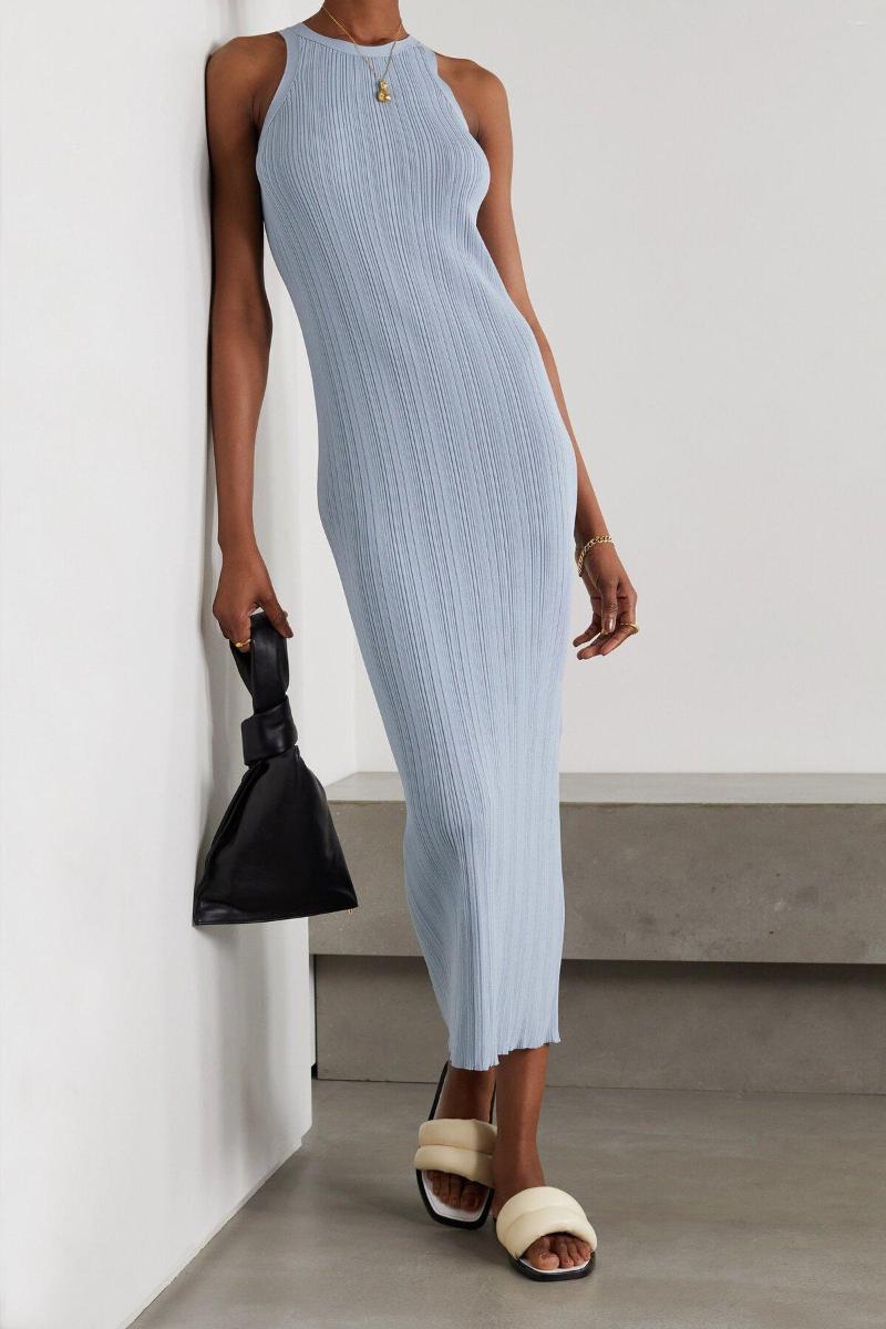 Casual Dresses Womens Midi Rib Stretch Sleeveless Round Neck Solid Color Tank Robe