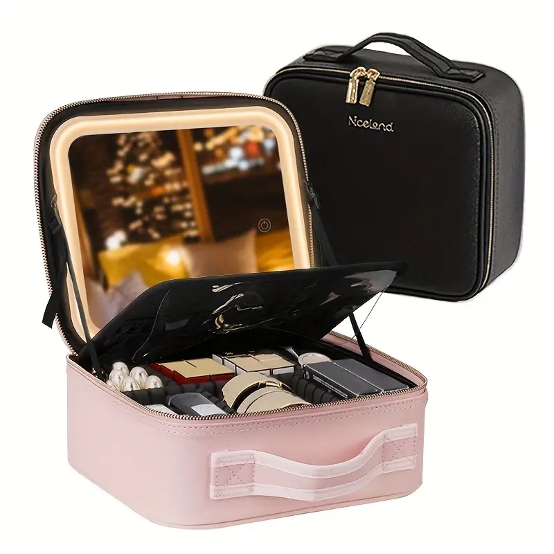 Travel Makeup Bag With Mirror Large Capacity Cosmetic Storage Box Travel Portable Makeup Bag Case With LED Light Mirror Makeup Accessories