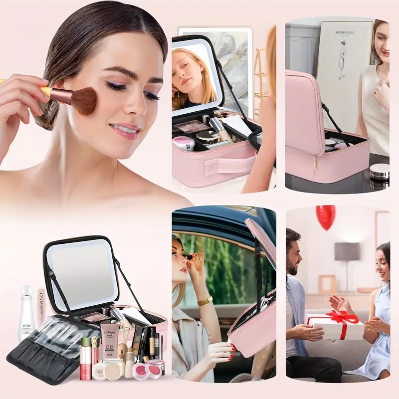 Lighted Makeup Travel Train Case With Mirror LED Light 3 Adjustable Brightness Cosmetic Bag Portable Storage Adjustable Partition Waterproof Toiletry 