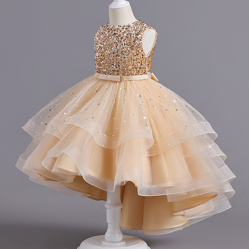 New Yellow shiny bling Flower Girl Dress Pleat Birthday Wedding Party Dresses Costumes Lace Dresses Gowns Floral Baby Pageant Gowns First Communion We