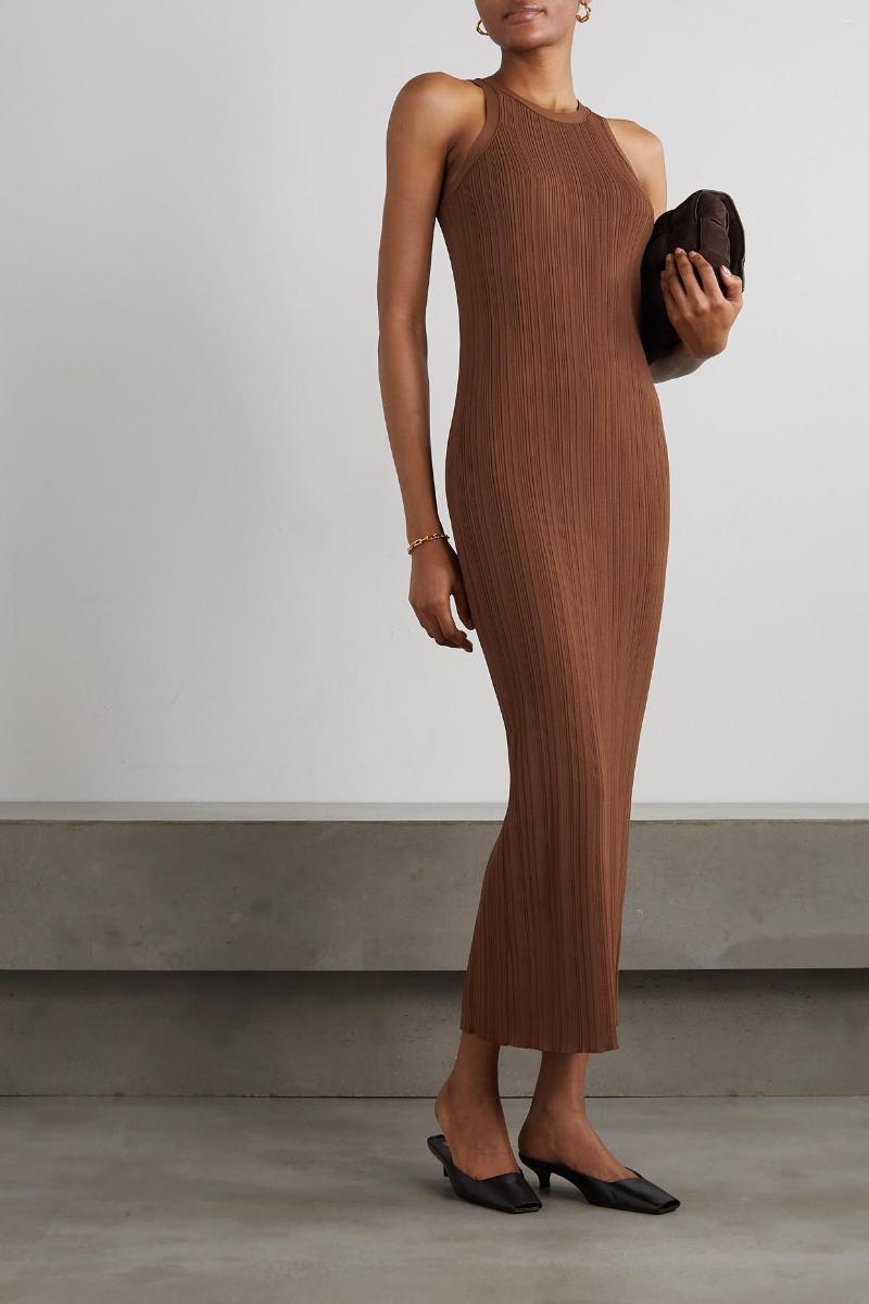 Casual Dresses Womens Midi Rib Stretch Sleeveless Round Neck Solid Color Tank Robe