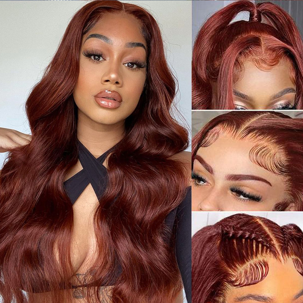 Brazilian Reddish Brown Body Wave Lace Frontal Simulation Human Hair Wig HD 13x4 Lace Frontal Wig Glueless Red/Black /Blonde Highlight Wig Pre Plucked