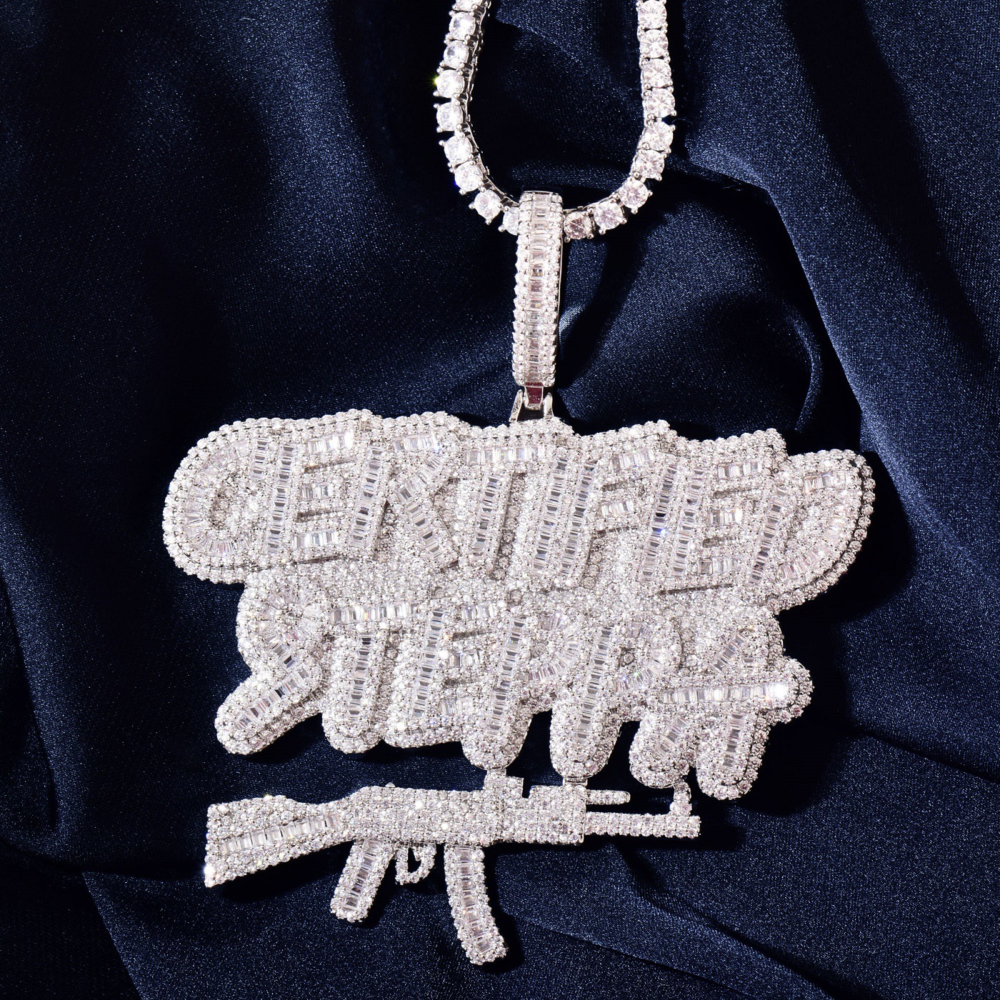 Hip Hop Full 5A Zircon Letters AK47 Gun Pendant Necklace Rap Jewelry Gold Plated