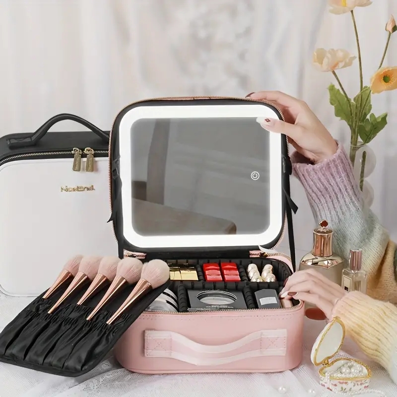 Travel Makeup Bag With Mirror Large Capacity Cosmetic Storage Box Travel Portable Makeup Bag Case With LED Light Mirror Makeup Accessories