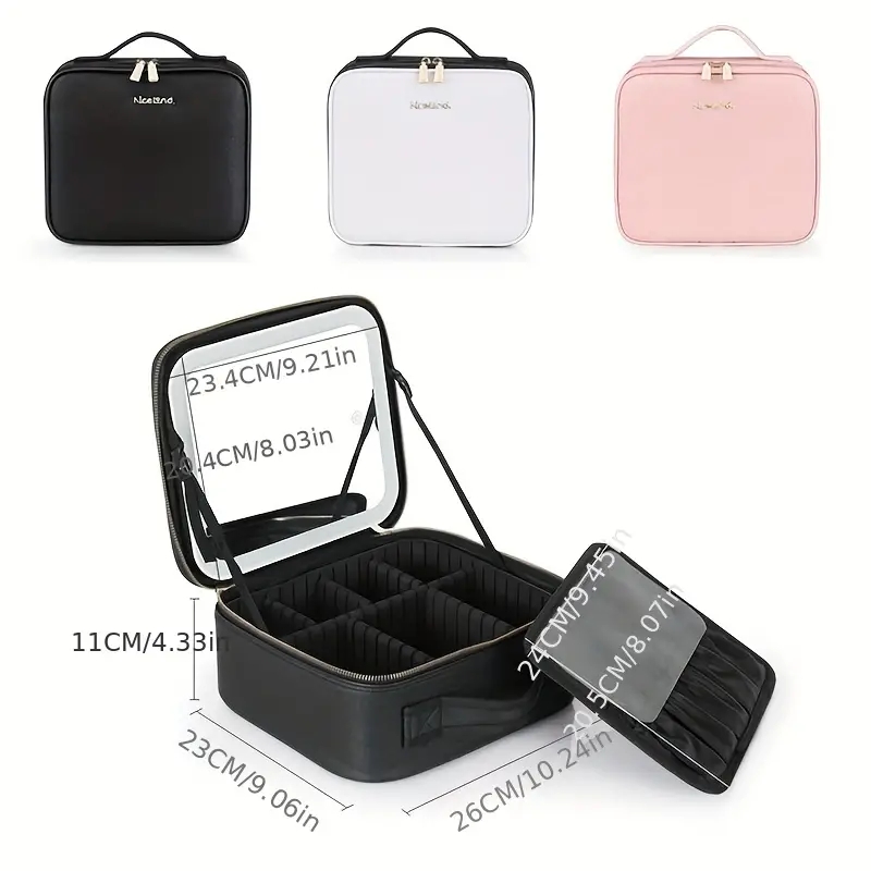 LED Lighted Makeup Bag With Mirror, Travel Makeup Train Case With Adjustable Dividers, Portable With Handle, Perfect Gift For Girls And Women