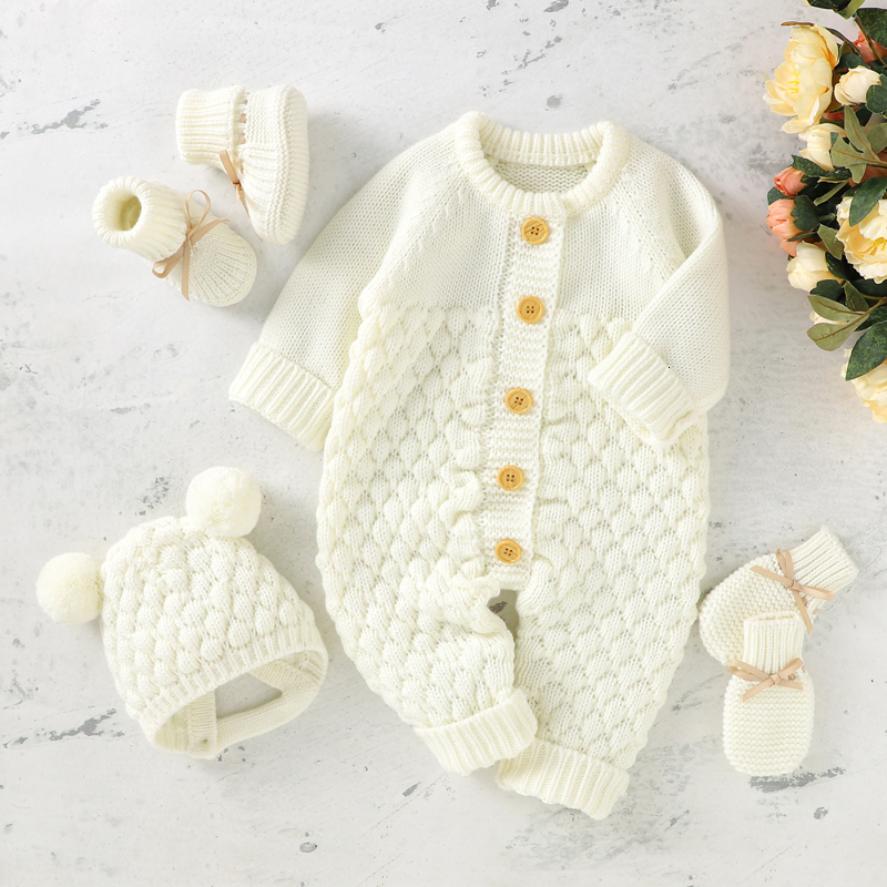Rompers born Baby Clothes Set Knitted Infant Girl Boy Romper Hat Gloves Shoes Fall 4PC Long Sleeve Jumpsuit Outfits Mitten Boots 230816