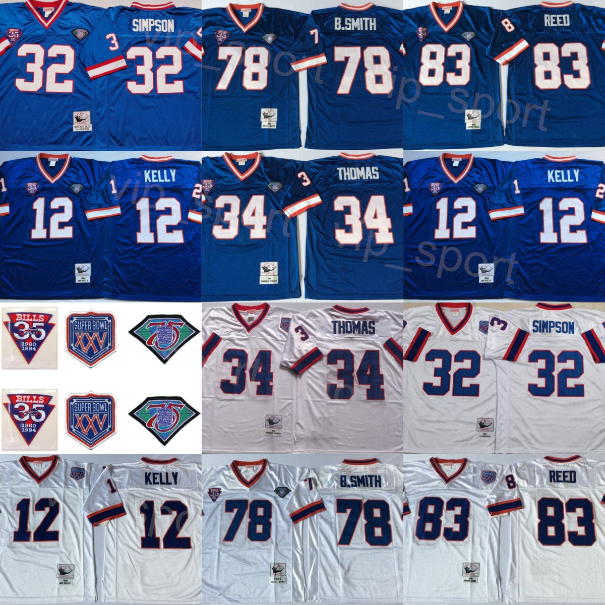 1960 1994 XXV Football 78 Bruce Smith Jersey 83 Ander Reed 32 OJ Simpson 12 Jim Kelly 34 Thurman Thomas Team Blue White Man Vintage 35th Anniversary 75th Ed