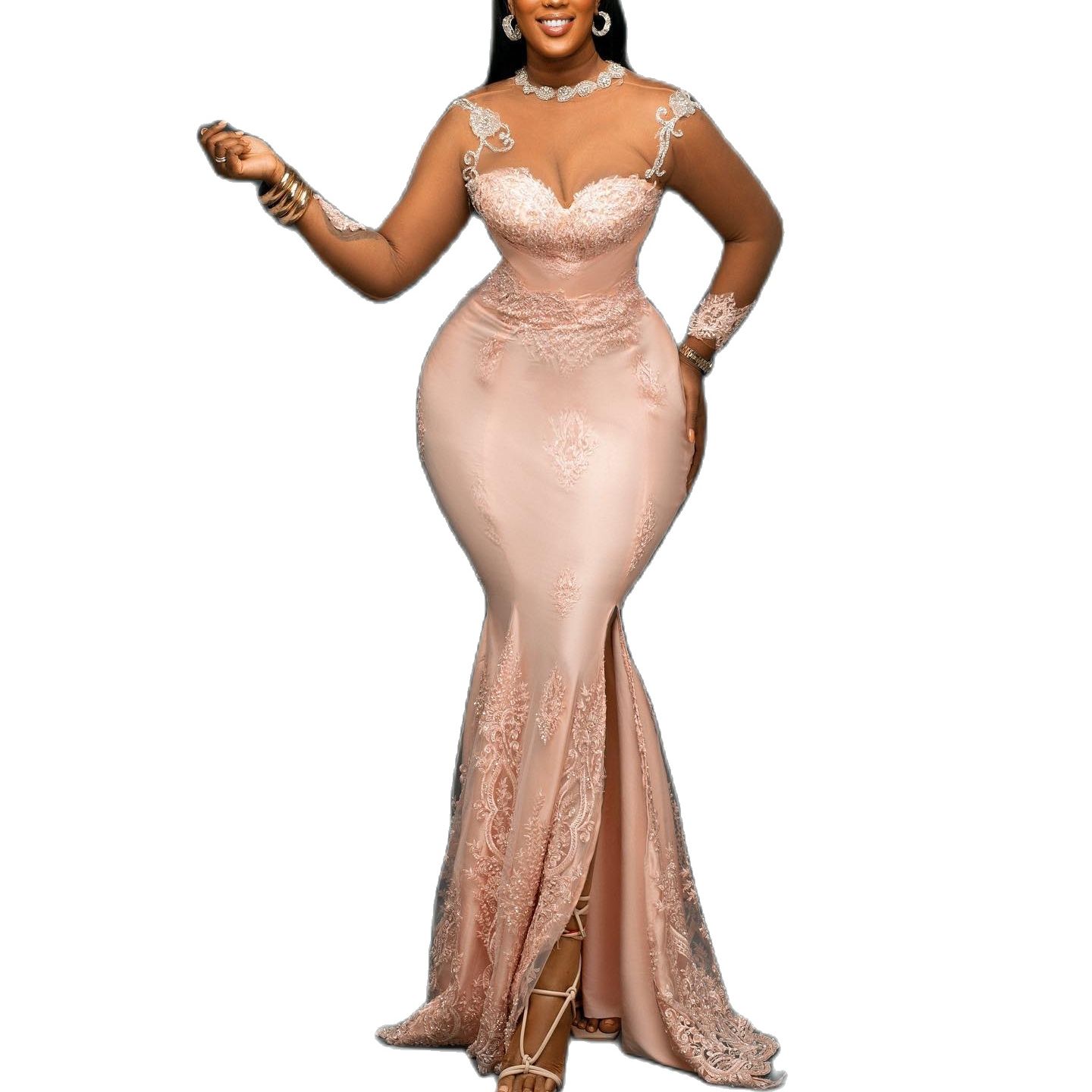 Applique Blush Pink Mermaid Lace Prom Dresses Sheer Long Sleeves Side Slit Aso Ebi Formal Evening Dress Party Gowns Plus Size