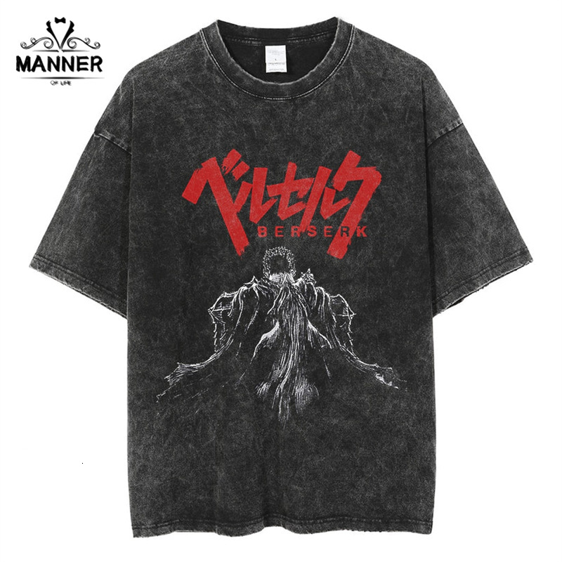 Men's T-Shirts Anime Berserk Vintage Manga Acid Washed T Shirt 100% Cotton Tees Hip Hop Streetwear Short Sleeves Trend Graphic Printed Tops 23081