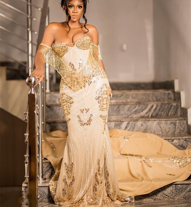 August 2023 Aso Mermaid Gold Prom Dress Beaded Sequined Lace Evening Formal Party Second Reception Birthday Engagement Gowns Dresses Robe De Soiree Zj