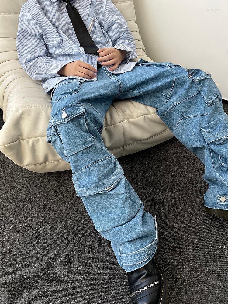 Men's Jeans Y2K Style Multi-pocket Tooling Cargo American Retro Street Harajuku Trousers Washed Mopping Pants Youth Clothing