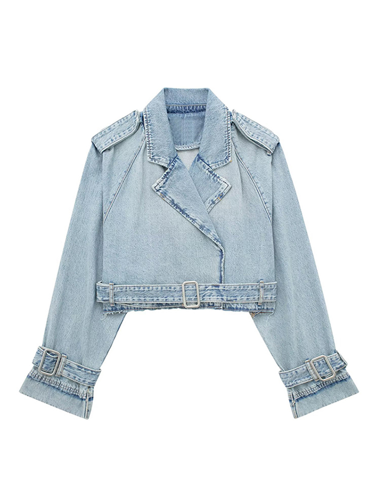 Womens Jackets Belt Denim Trench Coat For Women Spring Casual Lapel Long Sleeve Short Jackets Female Chic Loose Streetwear Botton Jacket 230815