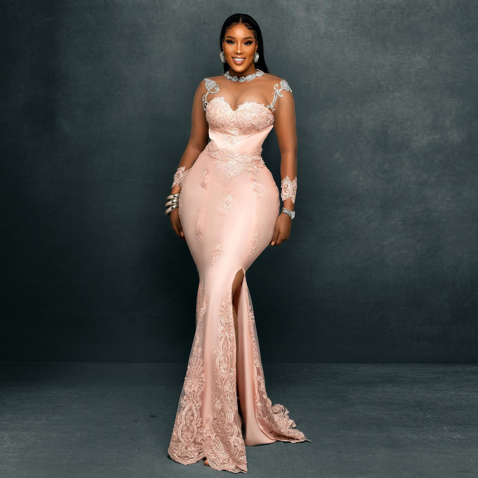Applique Blush Pink Mermaid Lace Prom Dresses Sheer Long Sleeves Side Slit Aso Ebi Formal Evening Dress Party Gowns Plus Size
