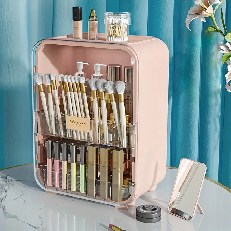 1pc Dustproof Cosmetic Storage Box - Large Capacity Makeup Brush and Skincare Products Organizer with Desktop Display