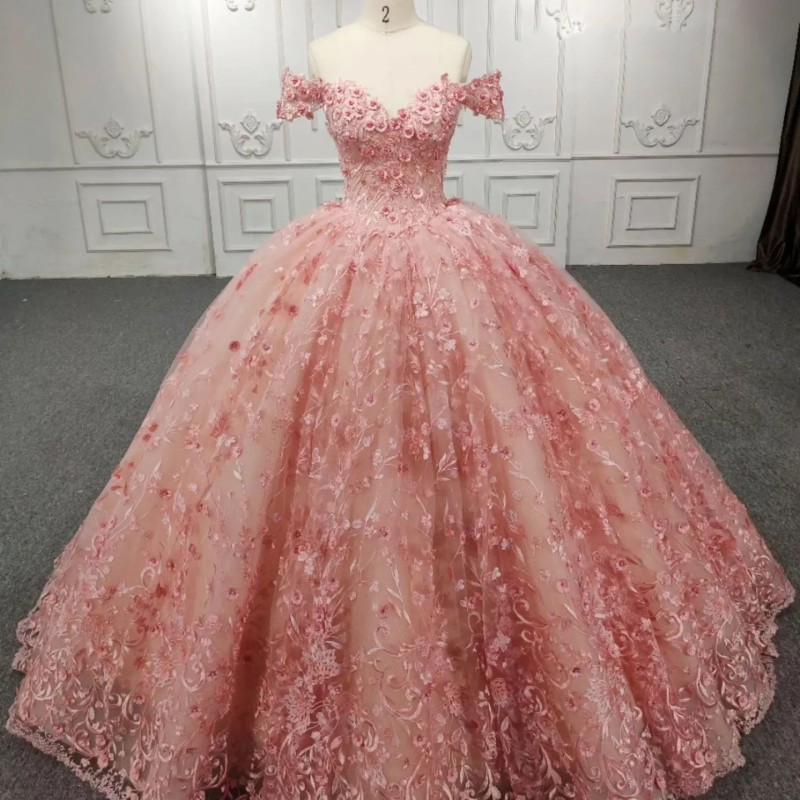 Pink Off The Shoulder Ball Gown Quinceanera Dresses Applique Lace Beads Tull Vestidos De 15 Anos Princess Party Birthday Gowns Sweet 16 Dress