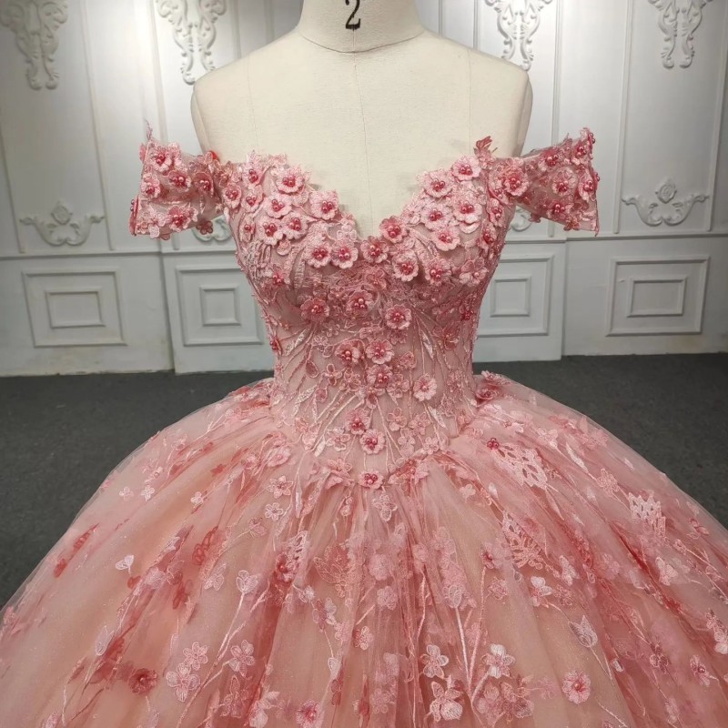 Pink Off The Shoulder Ball Gown Quinceanera Dresses Applique Lace Beads Tull Vestidos De 15 Anos Princess Party Birthday Gowns Sweet 16 Dress