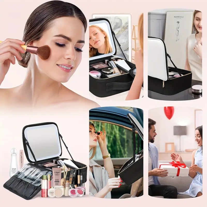 Makeup Travel Train Case With Mirror LED Light 3 Color Adjustable Brightness Cosmetic Bag Portable Storage Adjustable Partition Waterproof Makeup Brus