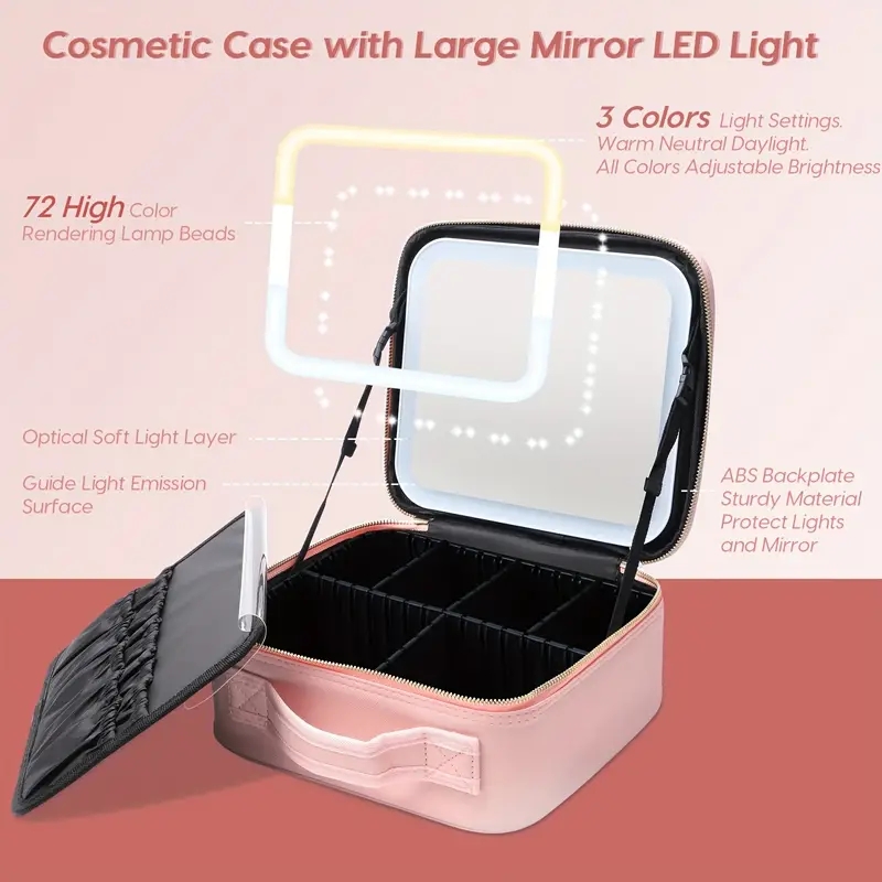 Lighted Makeup Travel Train Case With Mirror LED Light 3 Adjustable Brightness Cosmetic Bag Portable Storage Adjustable Partition Waterproof Toiletry 