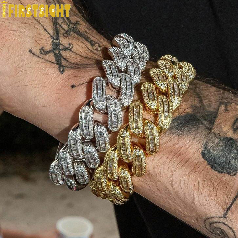 Charm Bracelets Iced Out Cuban k Bracelet For Men Prong Setting CZ Cubic Zirconia Two Tone Color Chain Bangle Hip Hop Jewelry 230815