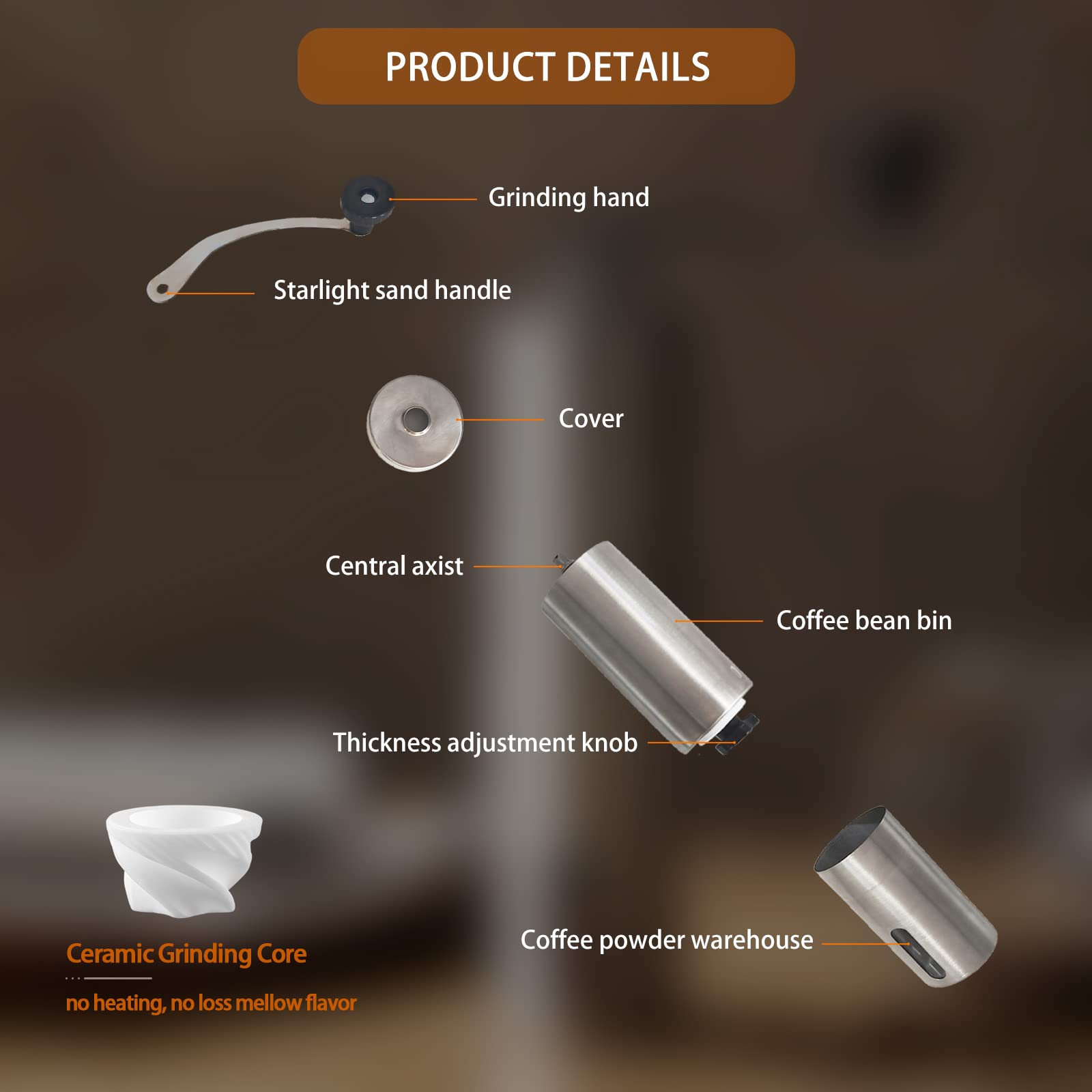 YUEXUAN Manual Coffee Grinder, Portable Stainless Steel Burr Coffee Bean Grinder, Travel, Camping, Kitchen & Office, Small Hand Coffee Grinder Manual