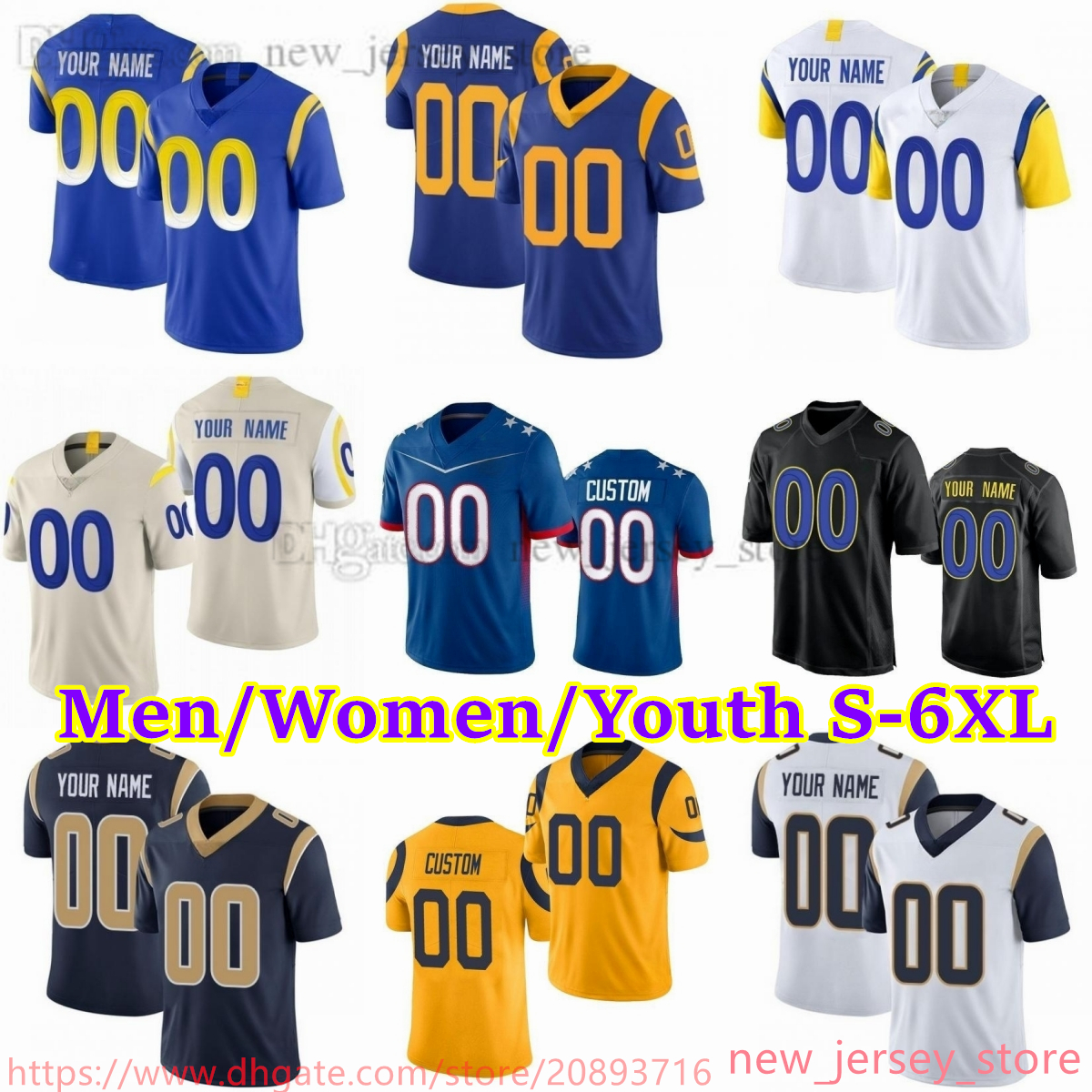 Custom S-6XL DIY 10 Cooper Kupp Football Jersey 5 Jalen Ramsey Matthew Stafford Aaron Donald Cam Akers Bobby Wagner Ernest Jones Tyler Higbee Eric Dickerson