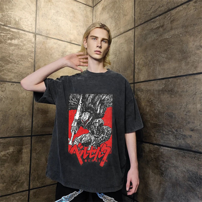 Men's T-Shirts Anime Berserk Vintage Manga Acid Washed T Shirt 100% Cotton Tees Hip Hop Streetwear Short Sleeves Trend Graphic Printed Tops 23081