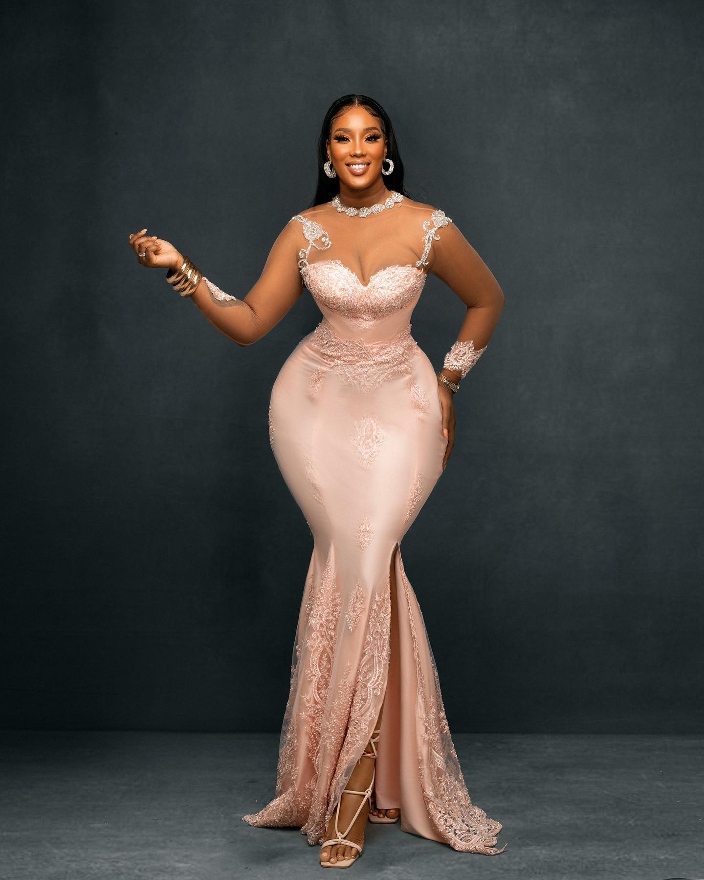 Applique Blush Pink Mermaid Lace Prom Dresses Sheer Long Sleeves Side Slit Aso Ebi Formal Evening Dress Party Gowns Plus Size