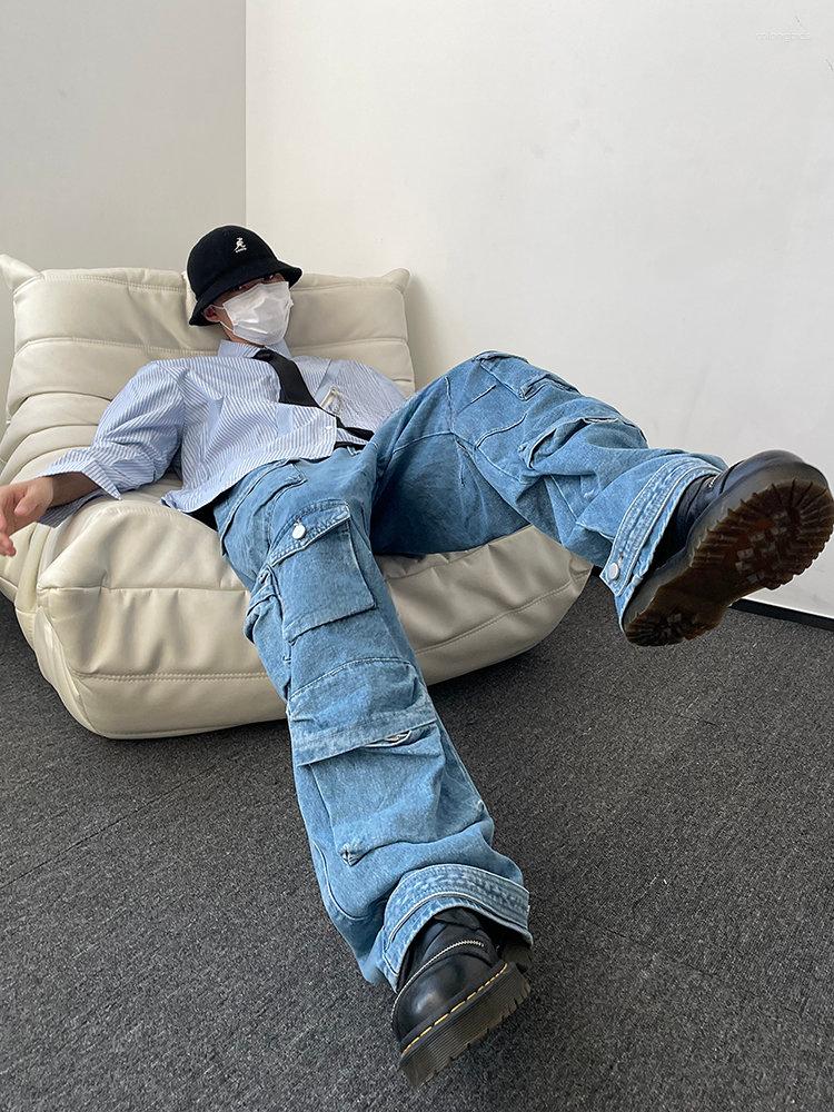 Men's Jeans Y2K Style Multi-pocket Tooling Cargo American Retro Street Harajuku Trousers Washed Mopping Pants Youth Clothing