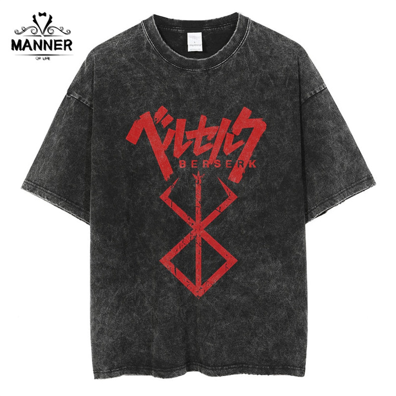 Men's T-Shirts Anime Berserk Vintage Manga Acid Washed T Shirt 100% Cotton Tees Hip Hop Streetwear Short Sleeves Trend Graphic Printed Tops 23081