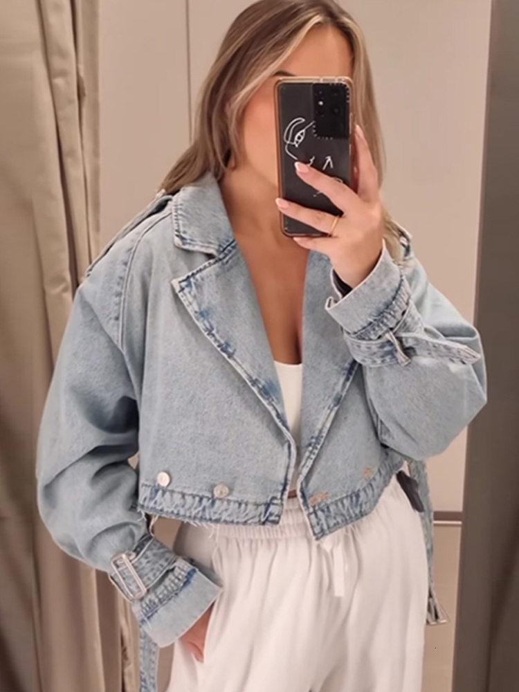Womens Jackets Belt Denim Trench Coat For Women Spring Casual Lapel Long Sleeve Short Jackets Female Chic Loose Streetwear Botton Jacket 230815