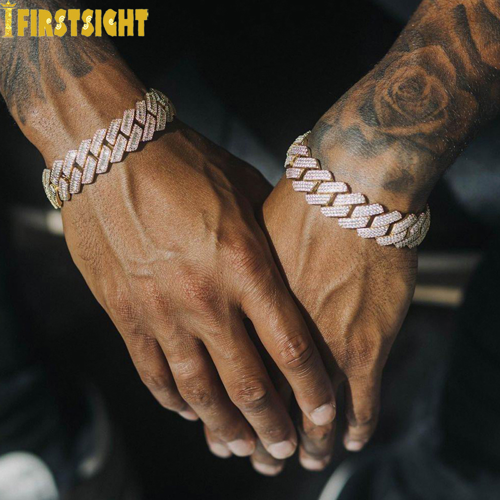 Charm Bracelets Iced Out Cuban k Bracelet For Men Prong Setting CZ Cubic Zirconia Two Tone Color Chain Bangle Hip Hop Jewelry 230815