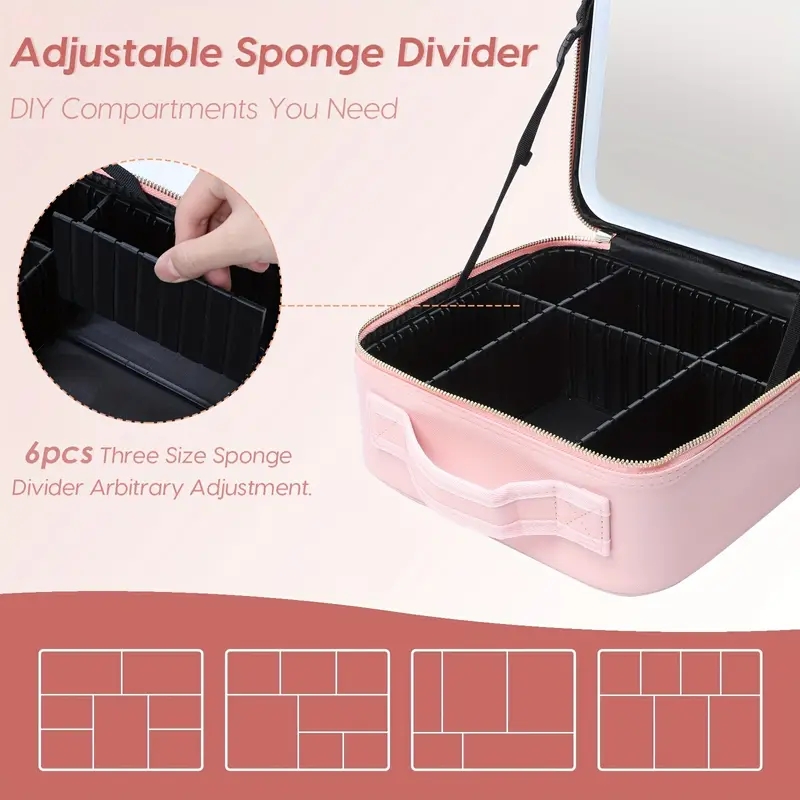 Lighted Makeup Travel Train Case With Mirror LED Light 3 Adjustable Brightness Cosmetic Bag Portable Storage Adjustable Partition Waterproof Toiletry 