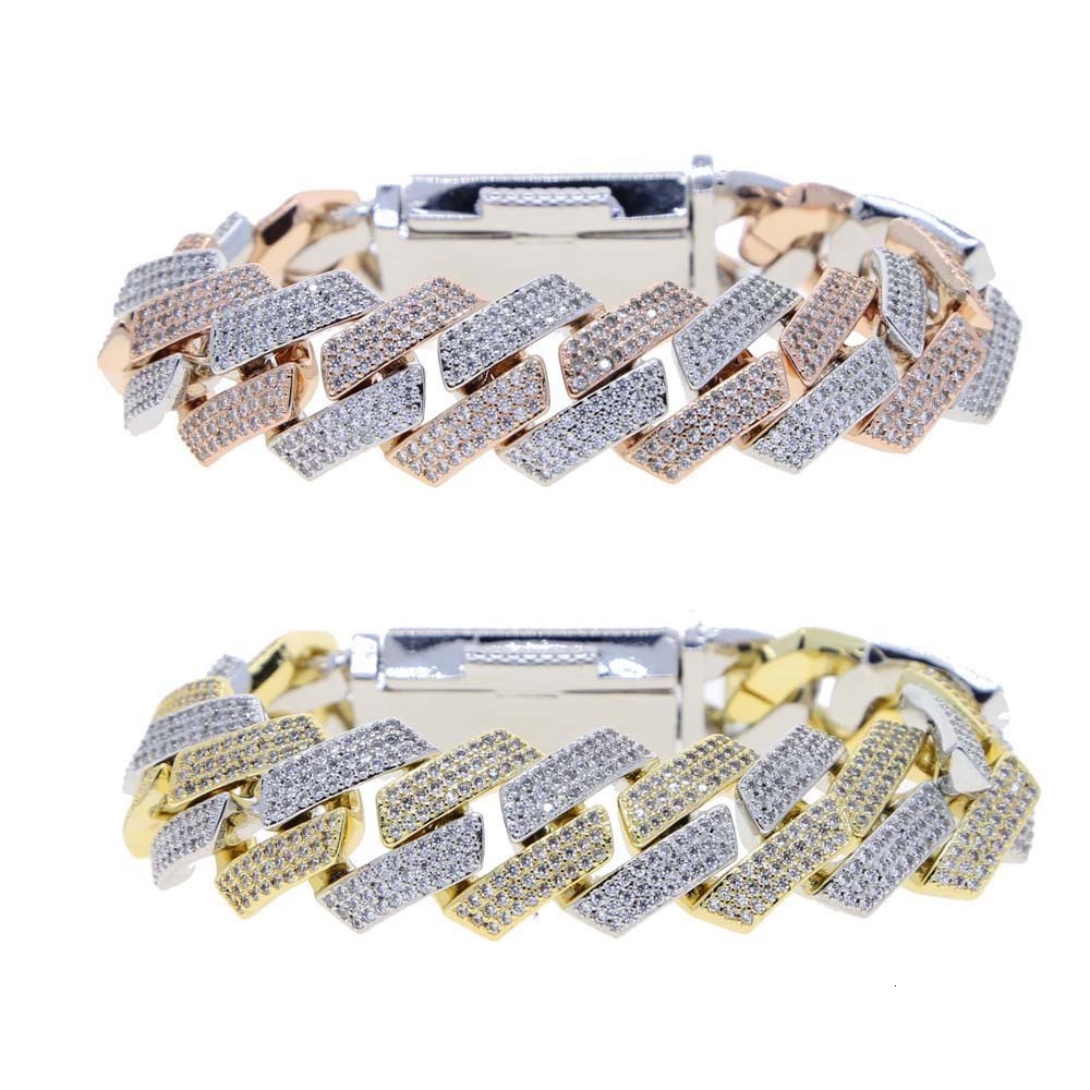 Charm Bracelets Iced Out Cuban k Bracelet For Men Prong Setting CZ Cubic Zirconia Two Tone Color Chain Bangle Hip Hop Jewelry 230815