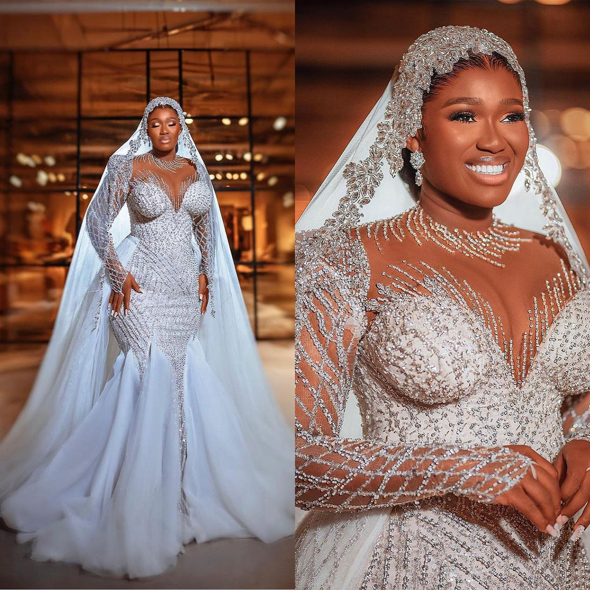 Luxury Mermaid Wedding Dresses Black Girls Illusion Jewel Neck Crystal Beading Ruffles Train Bride Gowns Vestidos De Novia Custom Made