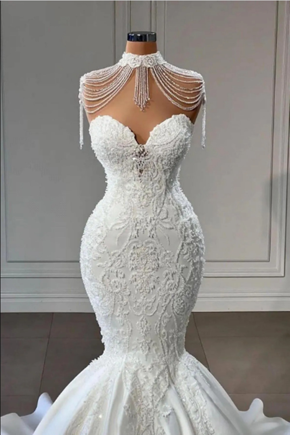 Vintage High Neck Mermaid Wedding Dresses Appliqued Lace Sweetheart Bride Gowns vestidos de novia robe
