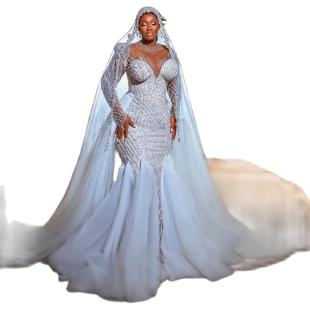 Luxury Mermaid Wedding Dresses Black Girls Illusion Jewel Neck Crystal Beading Ruffles Train Bride Gowns Vestidos De Novia Custom Made